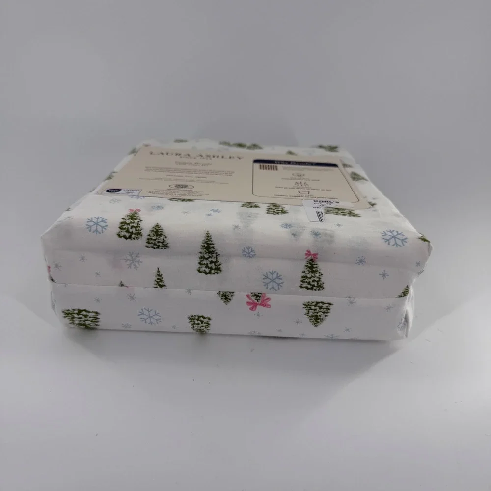 Laura Ashley Twin Sheet Set Cotton Percale Christmas Tree Snowflake White Green